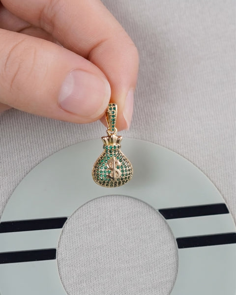 DIJE BOLSA DINERO VERDE ESMERALDAS 2.5CM